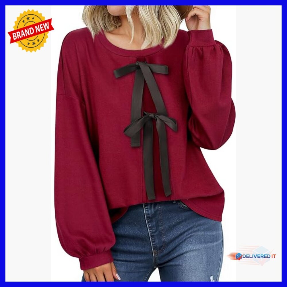 Long Sleeve Tunic Sweater with Bow Tie Front, Lantern Sleeves, Loose Fit